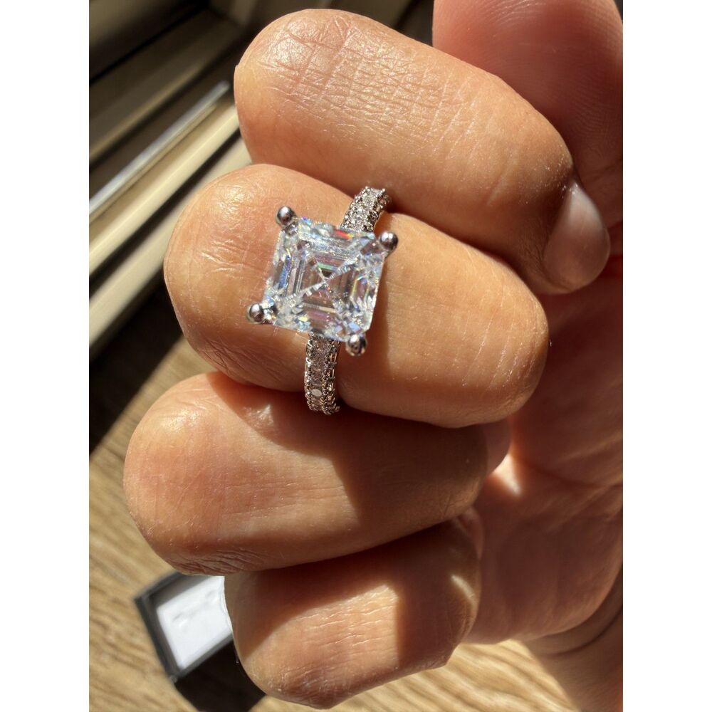 925 Sterling Silver Moissanite Asscher Cut 1CT Style Pavé Ring Size 6